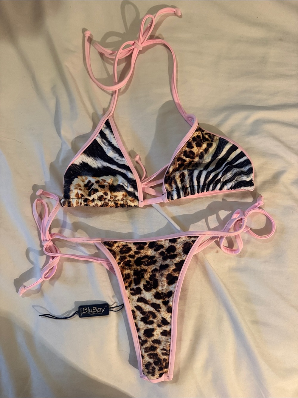 Pink-Trim Leopard & Zebra Print Triangle Bikini